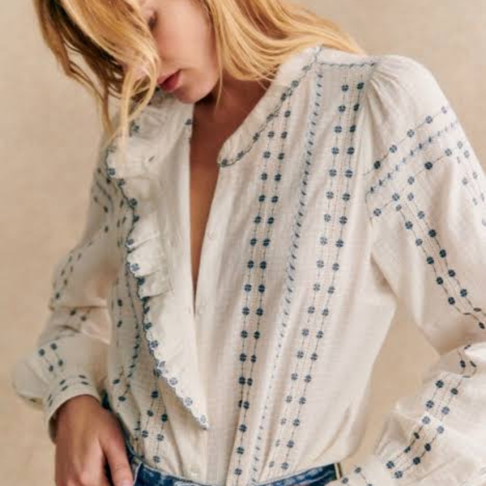 Sezane Chlo Ecru/Blue Embroidered Blouse